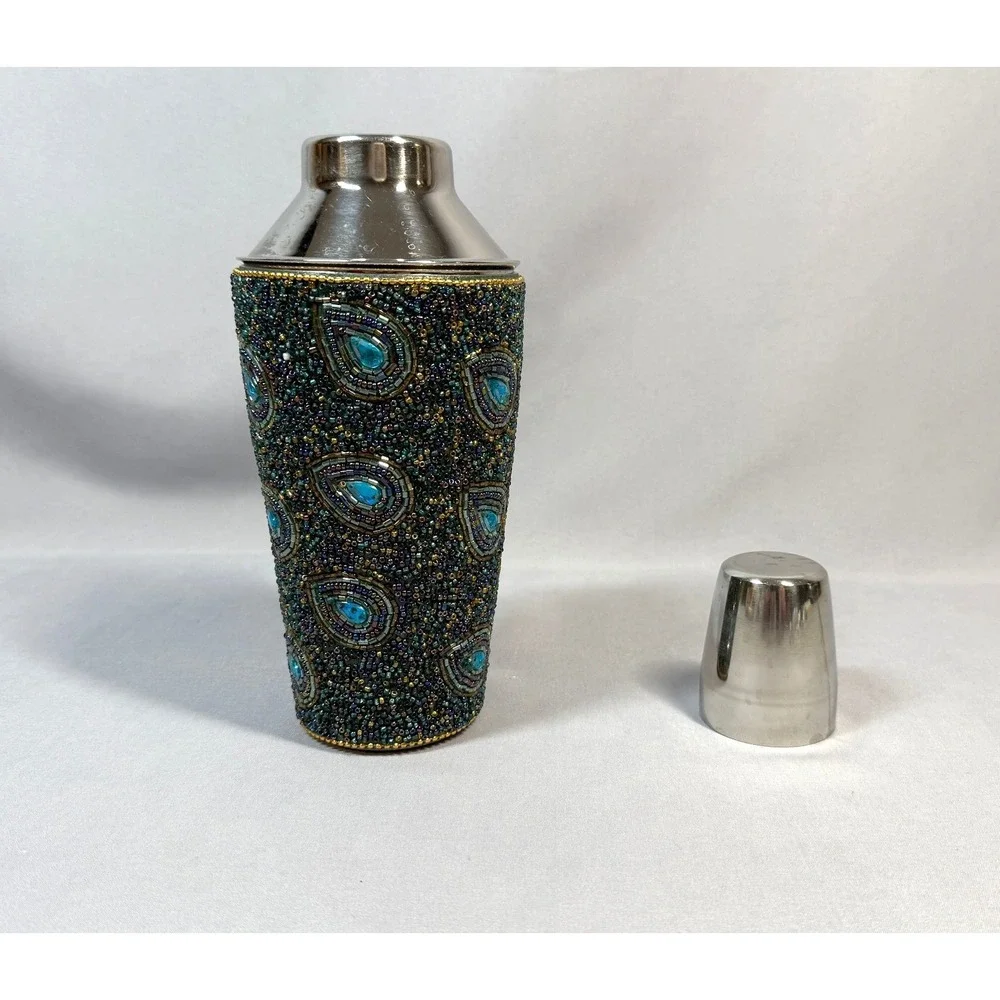 Pier 1 Beaded Cocktail Shaker Peacock Feather Barware Stainless Mixology Retired